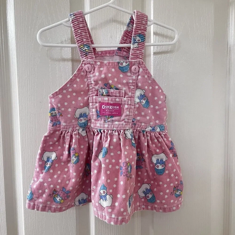 Vintage Oshkosh B'Gosh Pink Corduroy Snowman Overall Dress USA Girls 18 Months